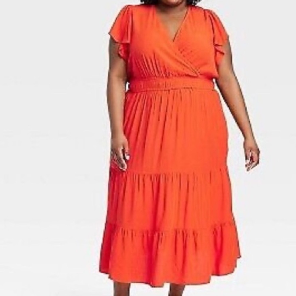 Knox rose Women's Flutter Short Sleeve Tiered A-Line Dress Orange 2X plus size